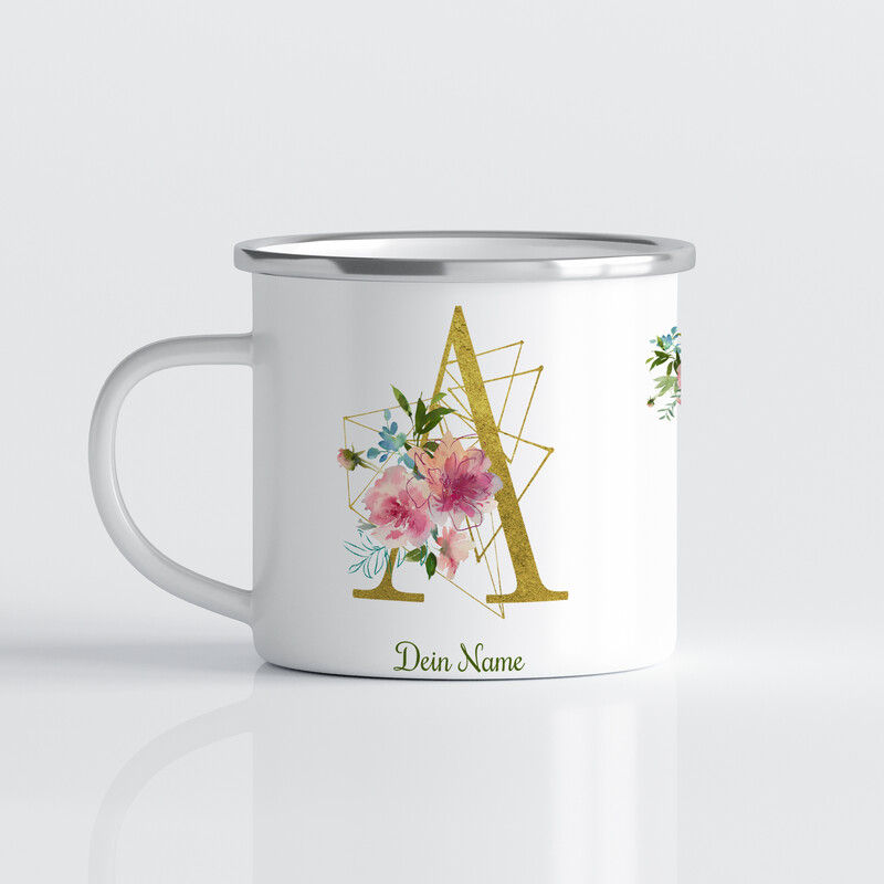 individuelle Monogrammtasse in Gold mit Rosa Blumen