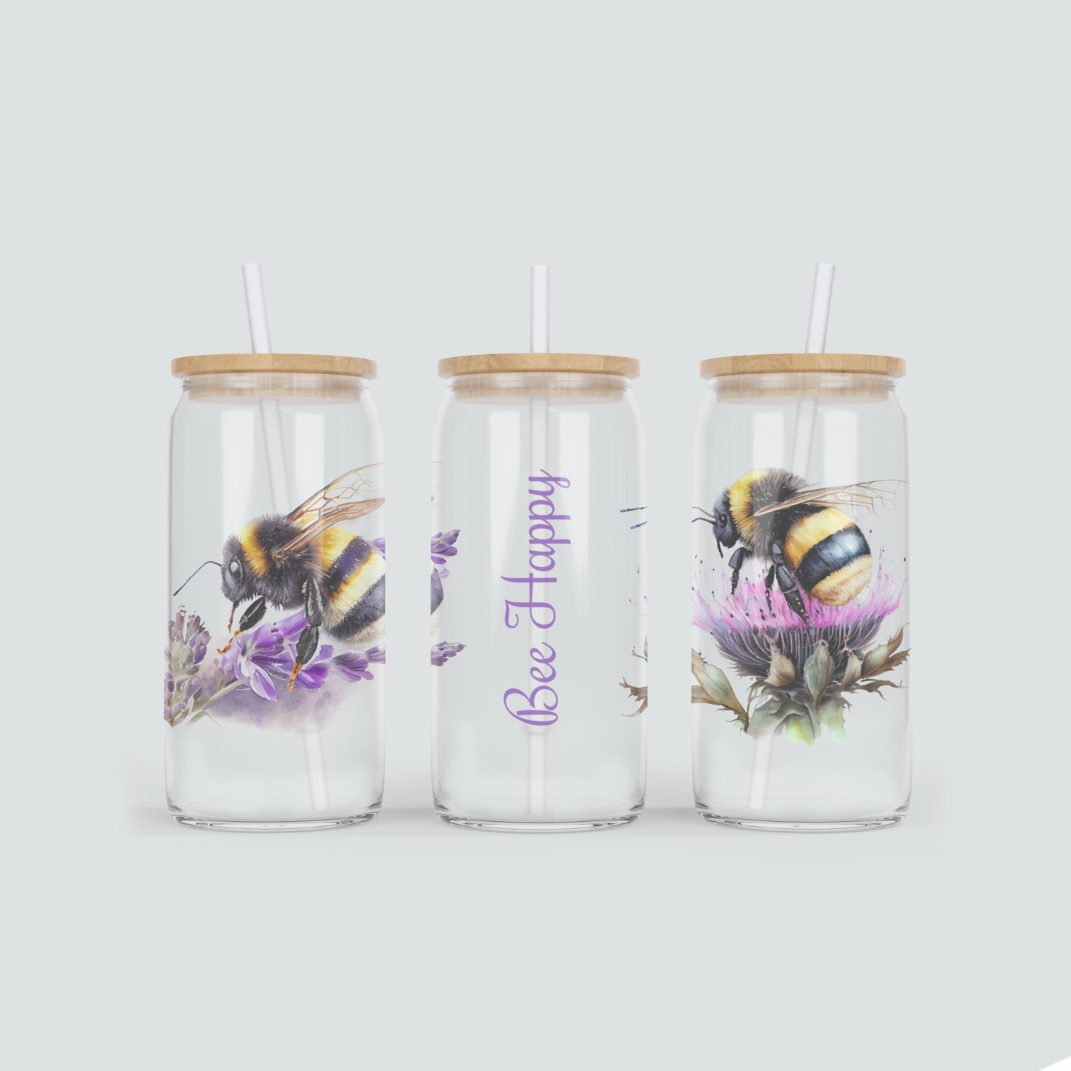 Glas Becher - Bee Happy - mit Strohhalm &amp; Bambus Deckel