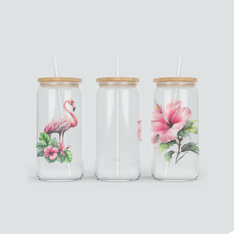 Glas Becher mit Flamingo und Hibiskus Design inkl. Bambus Deckel