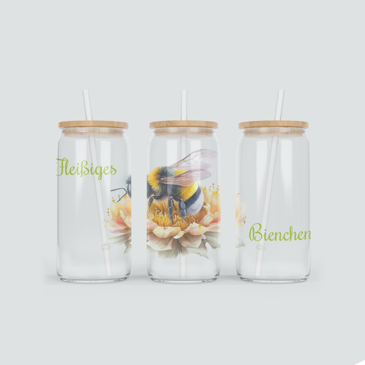 Glas Becher mit einem fleißigen Bienchen Motiv - inkl. Bambus Deckel