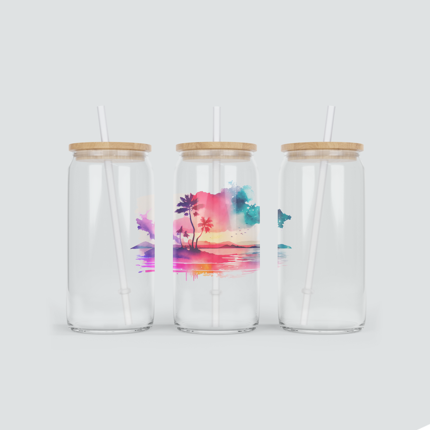 Glas Becher mit Meer und Palmen - inkl. Bambus Deckel und Strohhalm