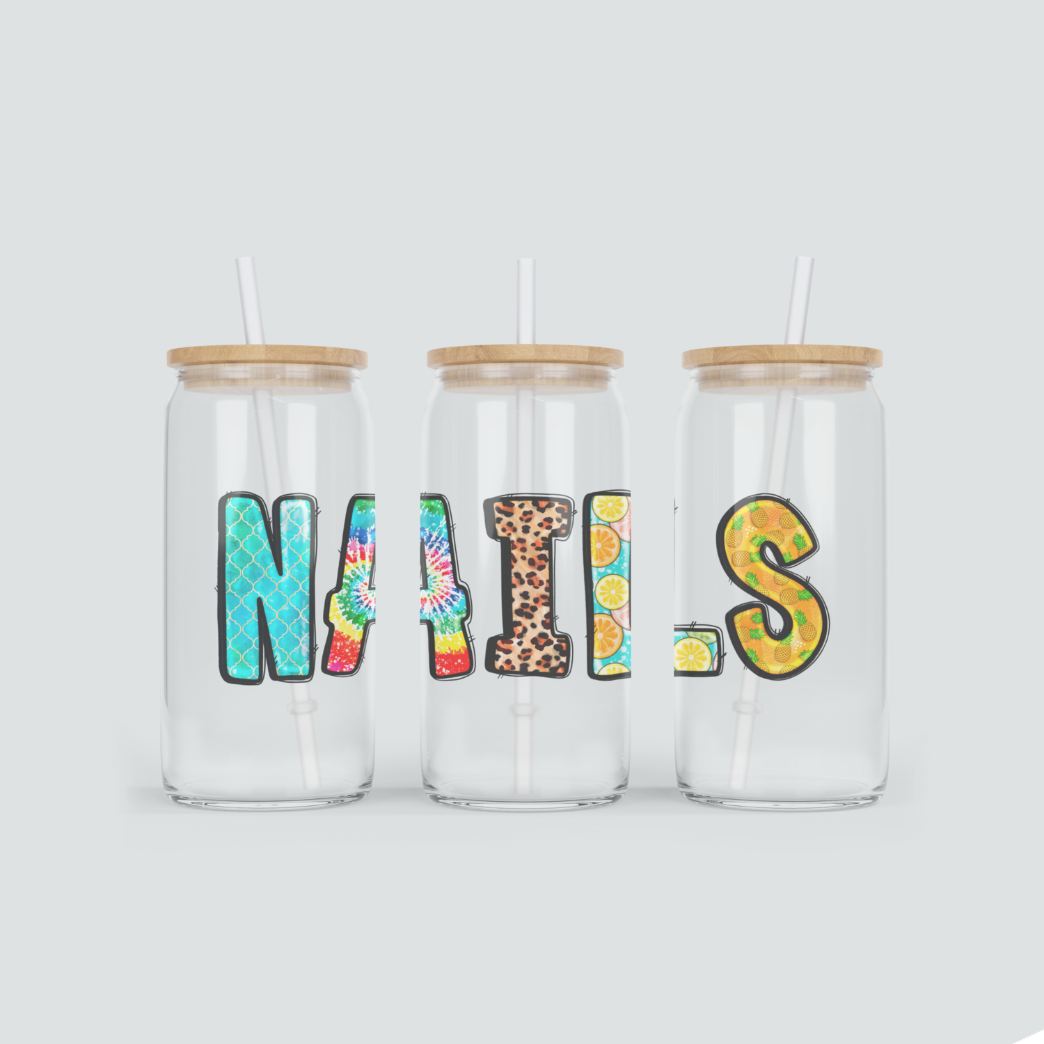 Glas Becher mit Nail Schriftzug inkl. Bambus Deckel mit Strohhalm