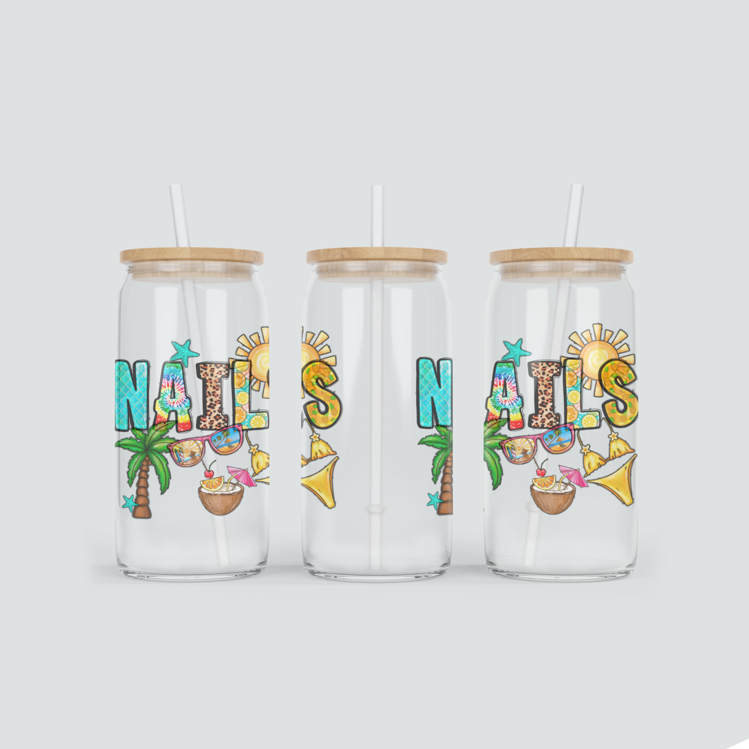Glas Becher mit Nails Schriftzug &amp; Bikini inkl. Bambus Deckel mit Strohhalm