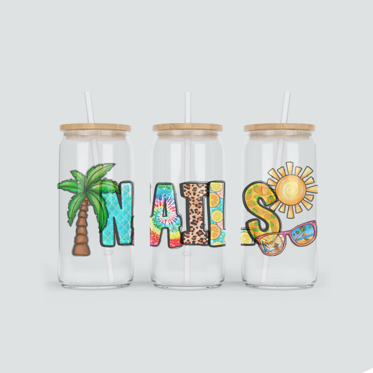Glas Becher mit Nail Schriftzug im Sommerdesign inkl. Bambus Deckel mit Strohhalm