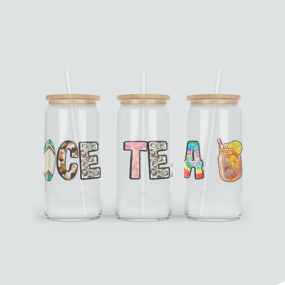 Glas Becher mit Ice Tea Schriftzug - inkl. Bambus Deckel und Strohhalm