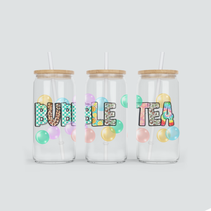 Glas Becher mit Bubble Tea Schriftzug - inkl. Bambus Deckel und Strohhalm