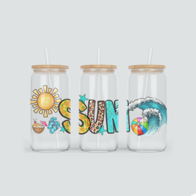 Becher aus Glas mit Sun Schriftzug - inkl. Bambus Deckel und Strohhalm