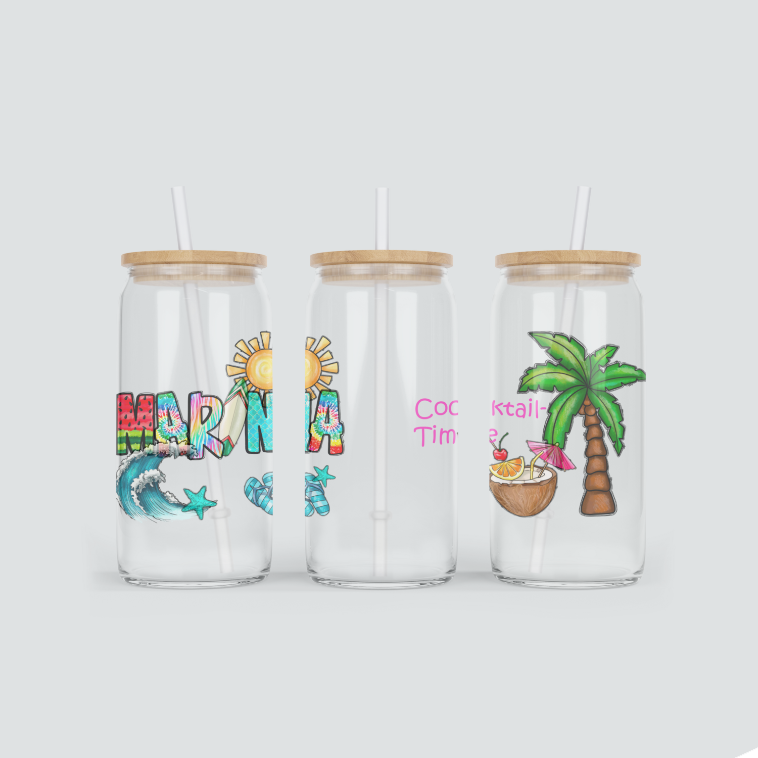 Personalisierter Sommer Becher aus Glas mit Namen - inkl. Bambus Deckel und Strohhalm