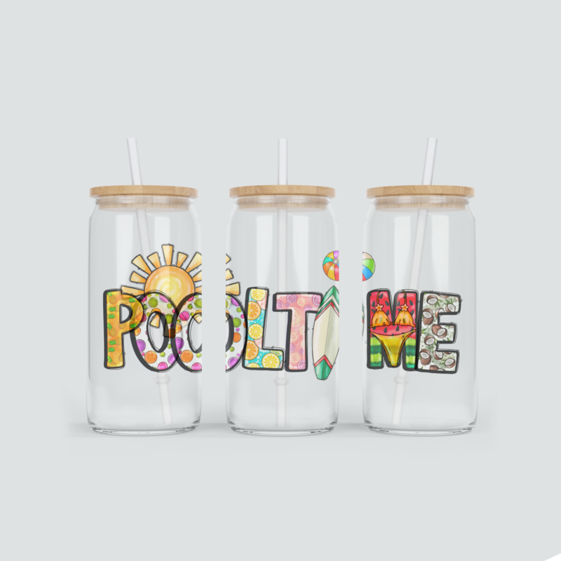 Becher aus Glas mit Pooltime Schriftzug - inkl. Bambus Deckel und Strohhalm