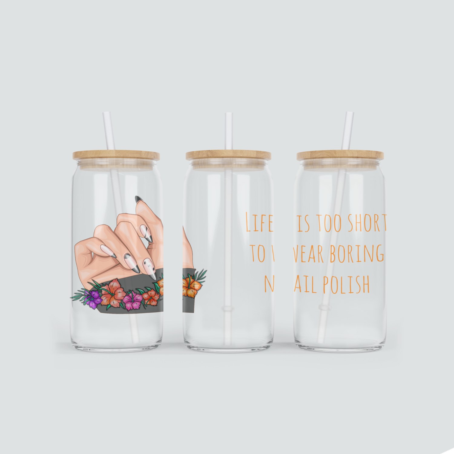 Glas Becher mit Nails &amp; Spruch - Boring Polish - inkl. Bambus Deckel mit Strohhalm