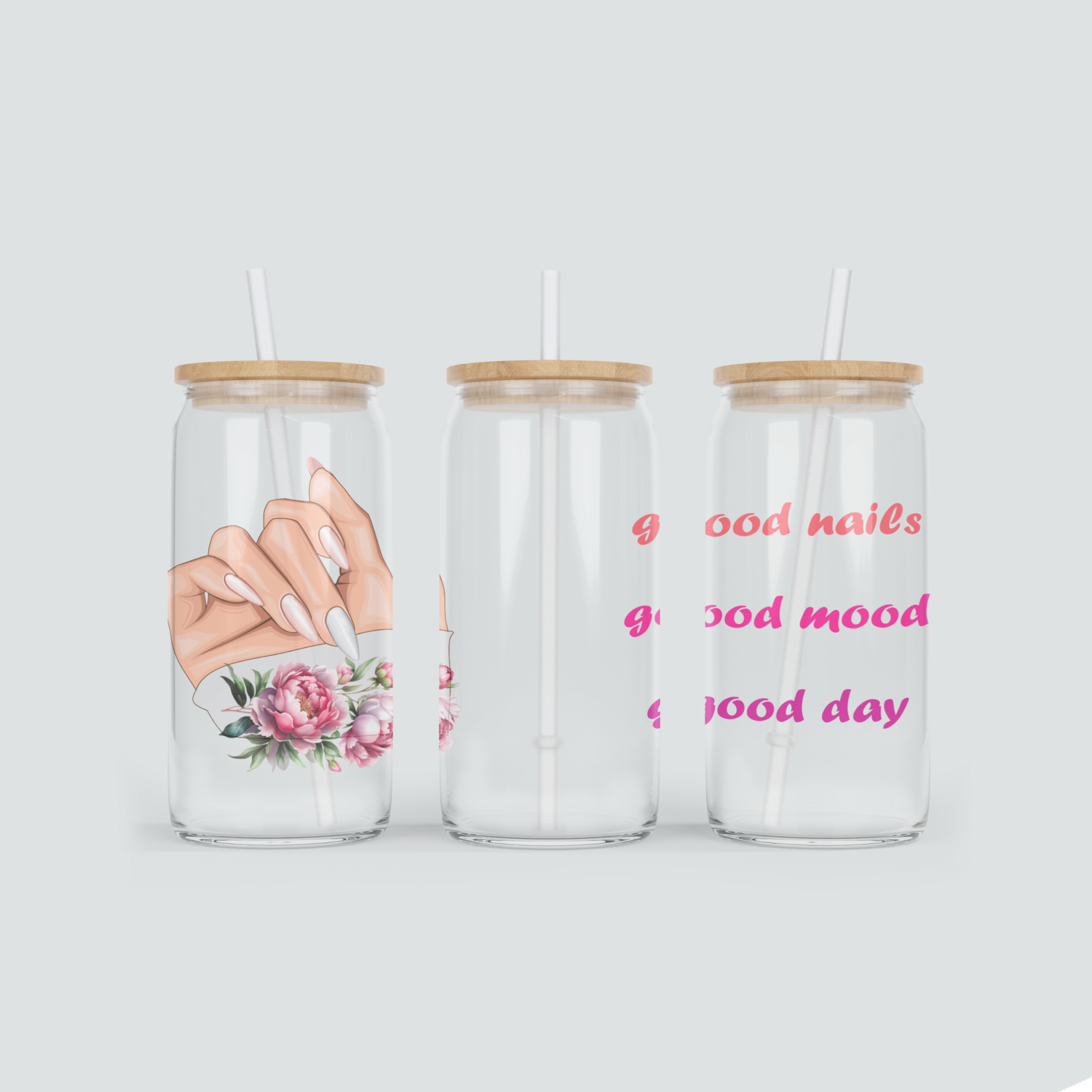 Glas Becher mit Nails &amp; Spruch - good day - inkl. Bambus Deckel mit Strohhalm