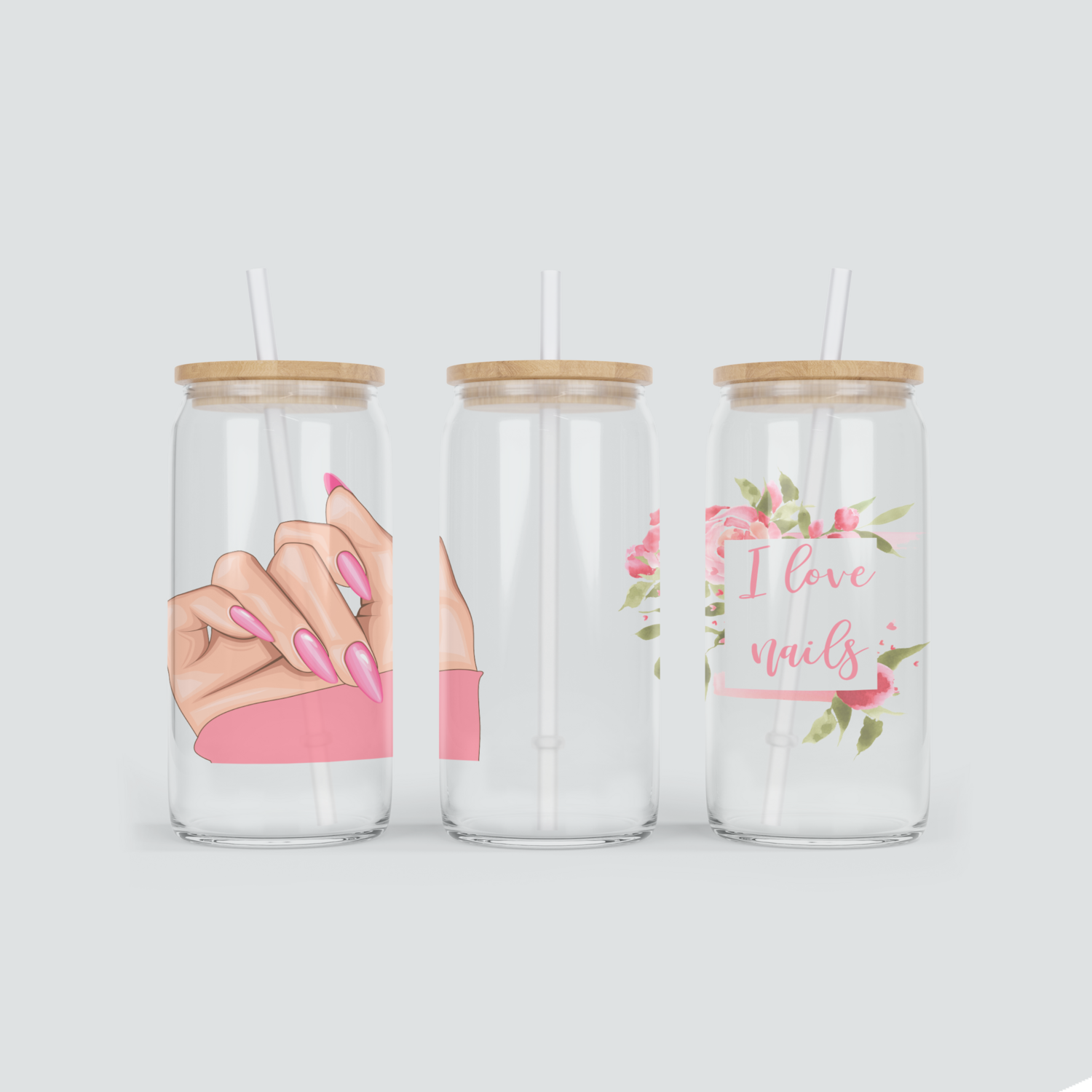 Glas Becher mit Nails &amp; Spruch - i love nails - inkl. Bambus Deckel mit Strohhalm