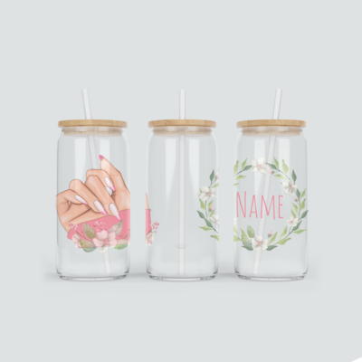 Personalisierter Glas Becher mit Nails, Blumenkranz und Name inkl. Bambus Deckel mit Strohhalm