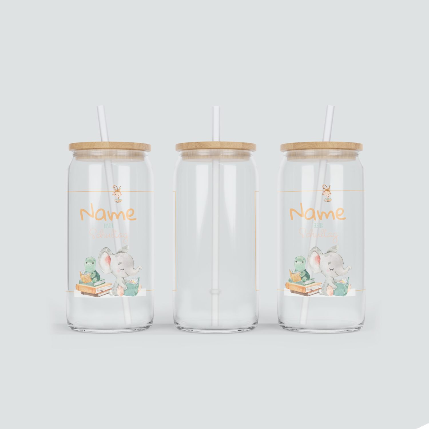 Personalisierter Glas Becher zum ersten Schultag - inkl. Bambus Deckel mit Strohhalm