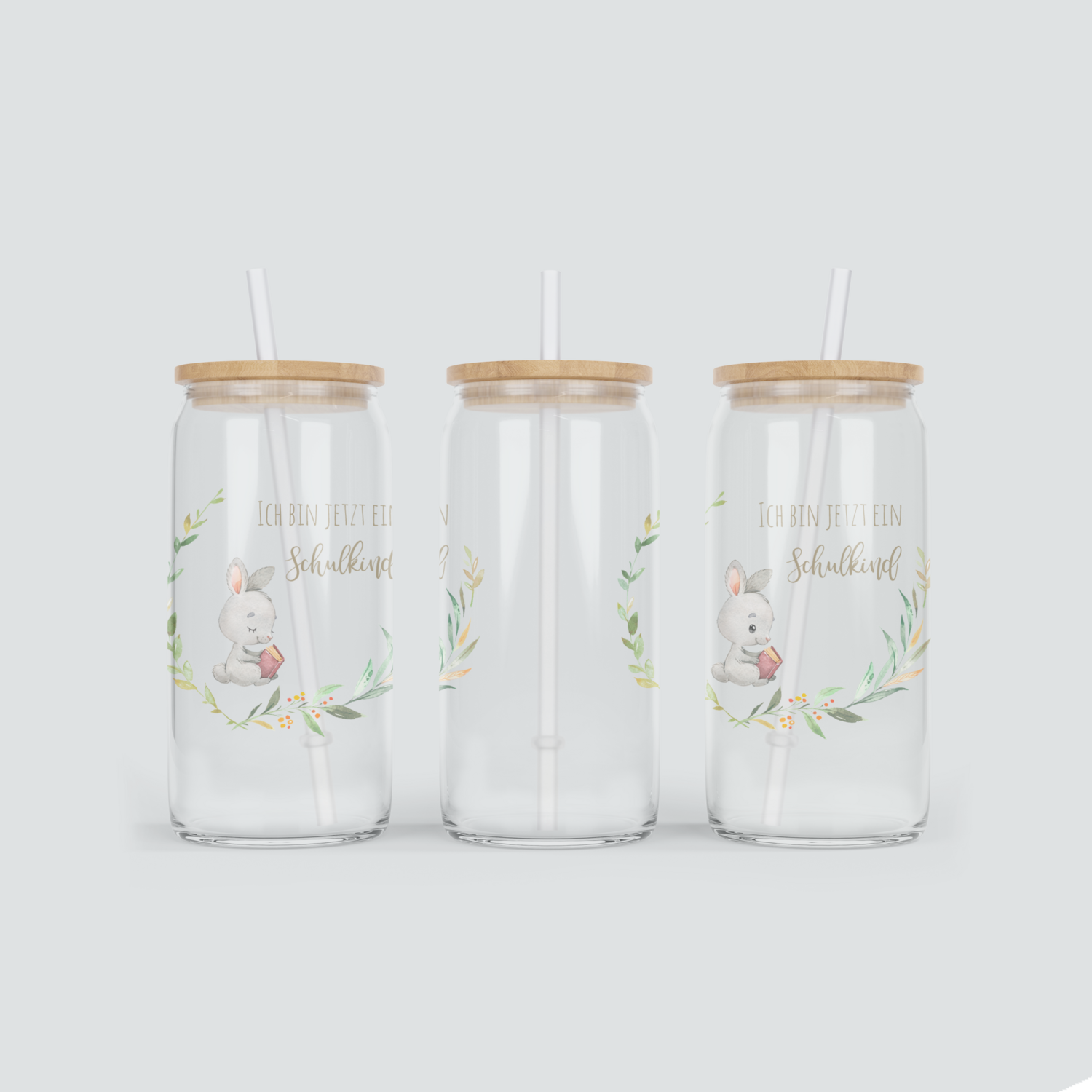 Glas Becher mit Hase zur Einschulung - inkl. Bambus Deckel mit Strohhalm