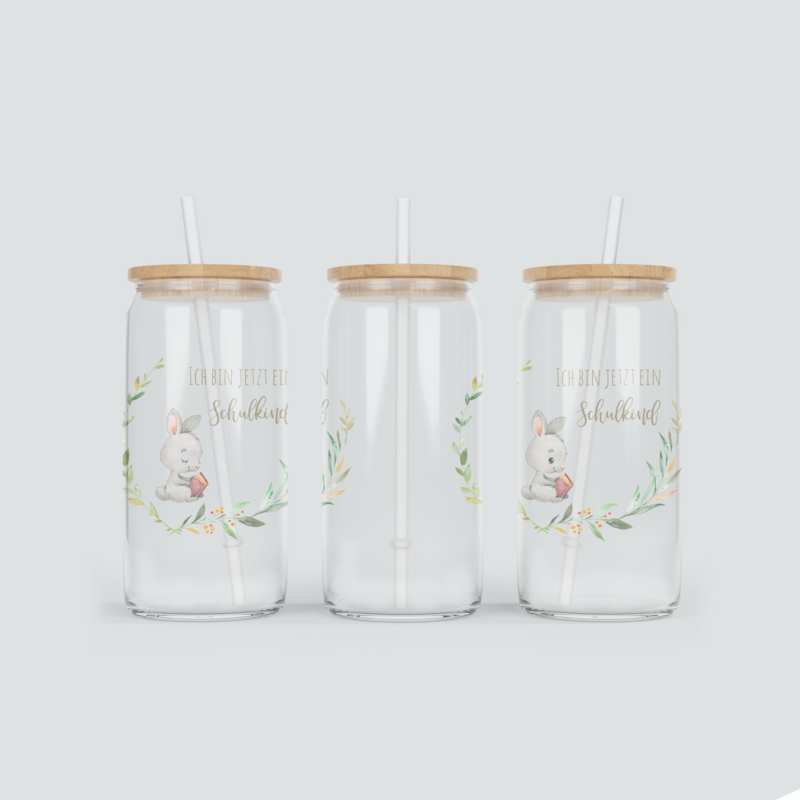 Glas Becher mit Hase zur Einschulung - inkl. Bambus Deckel mit Strohhalm
