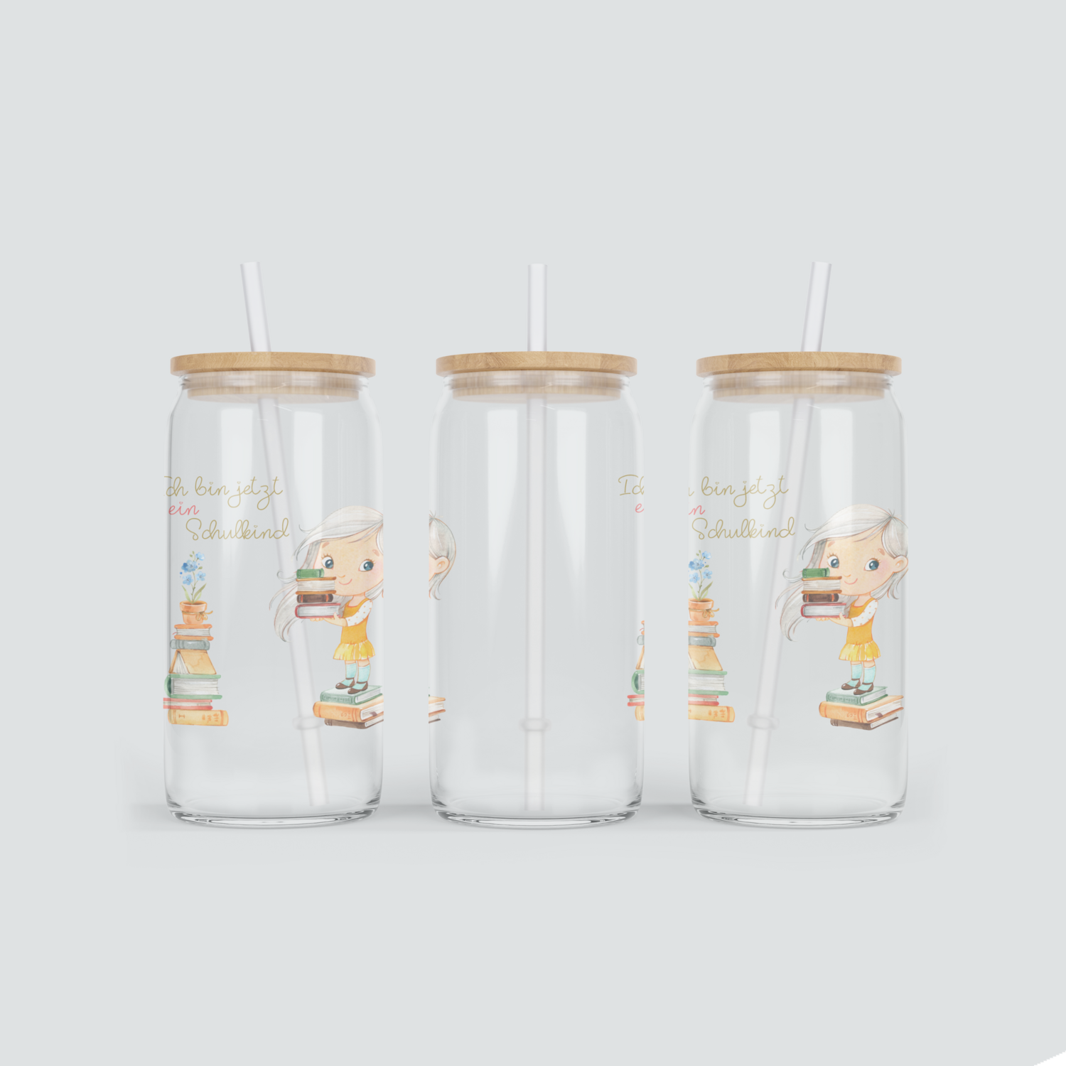 Glas Becher Schulkind mit blondem Mädchen - inkl. Bambus Deckel mit Strohhalm