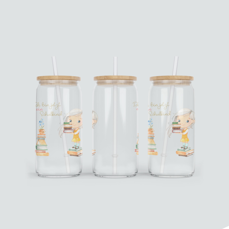 Glas Becher Schulkind mit blondem Mädchen - inkl. Bambus Deckel mit Strohhalm