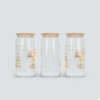 Glas Becher Schulkind mit blondem Mädchen - inkl. Bambus Deckel mit Strohhalm