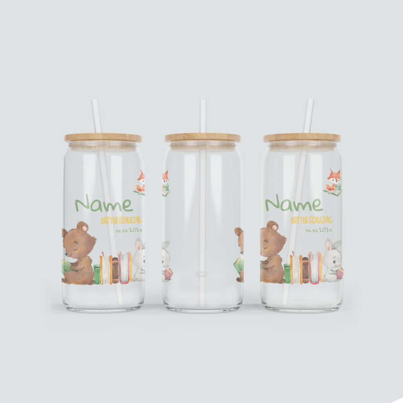Personalisierter Glas Becher zum ersten Schultag - inkl. Bambus Deckel mit Strohhalm