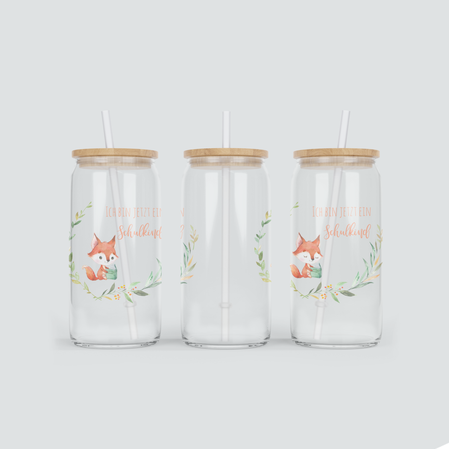 Glas Becher mit Fuchs zur Einschulung - inkl. Bambus Deckel mit Strohhalm