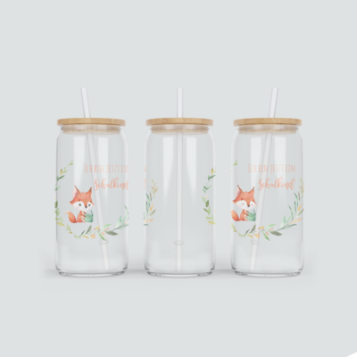 Glas Becher mit Fuchs zur Einschulung - inkl. Bambus Deckel mit Strohhalm