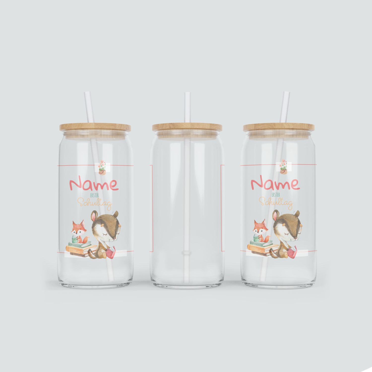 Personalisierter Glas Becher zum ersten Schultag - inkl. Bambus Deckel mit Strohhalm