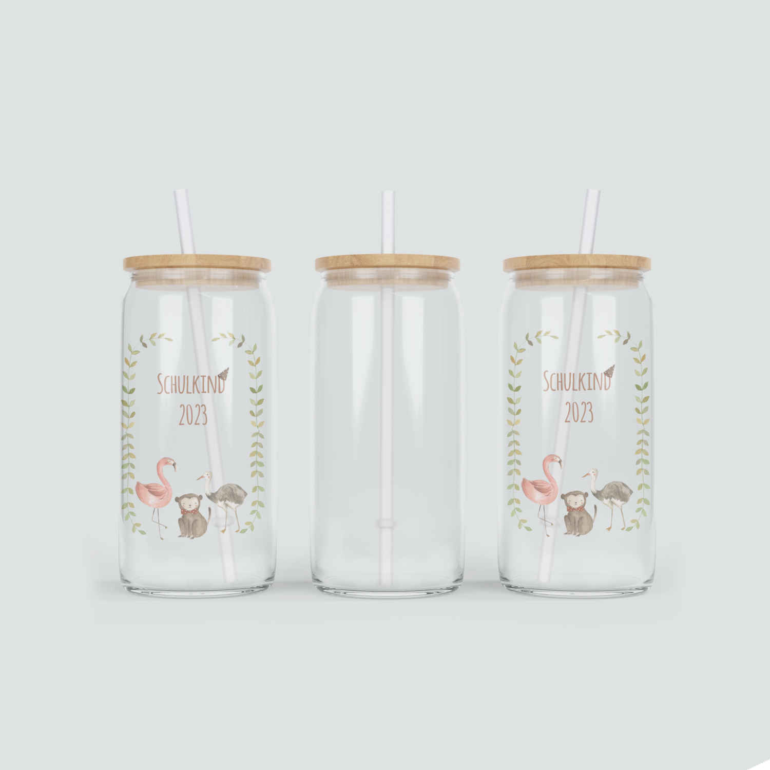 Glas Becher für Schulkinder mit Flamingo - inkl. Bambus Deckel mit Strohhalm