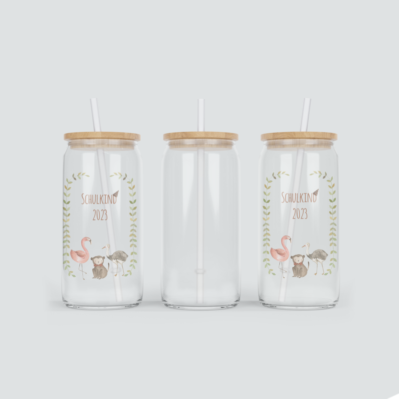 Glas Becher für Schulkinder mit Flamingo - inkl. Bambus Deckel mit Strohhalm