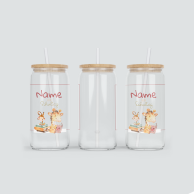 Personalisierter Glas Becher zum ersten Schultag - inkl. Bambus Deckel mit Strohhalm