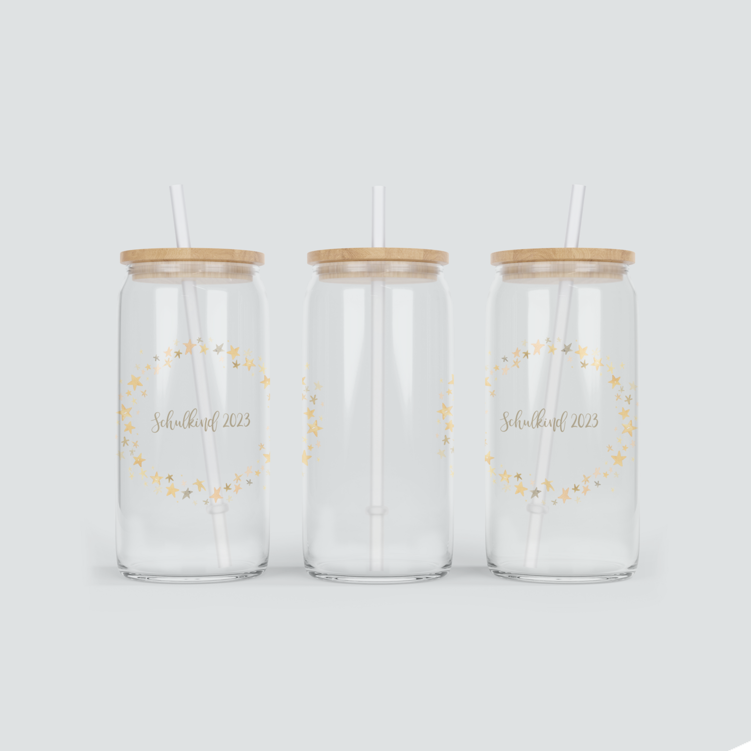 Glas Becher zum ersten Schultag mit Sternen - inkl. Bambus Deckel mit Strohhalm