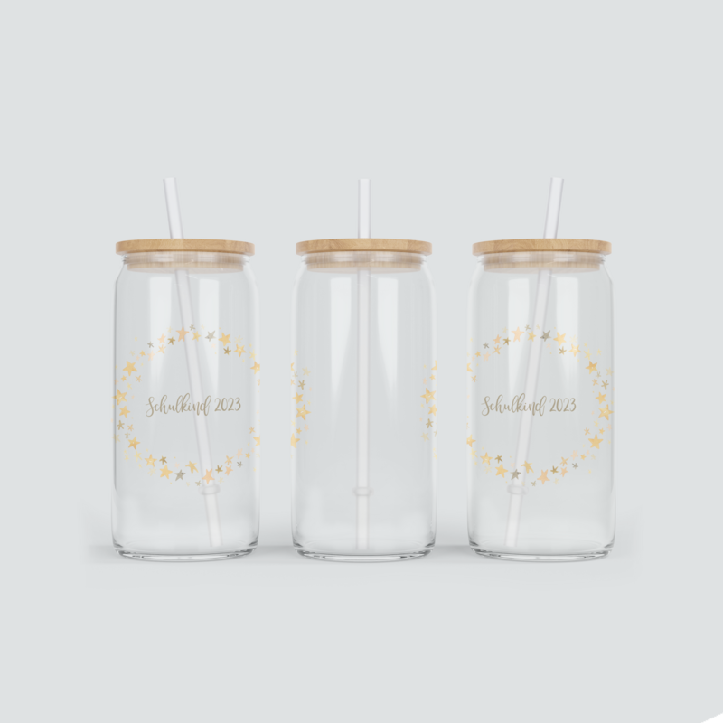 Glas Becher zum ersten Schultag mit Sternen - inkl. Bambus Deckel mit Strohhalm