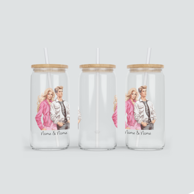 Personalisierter Glas Becher für Pärchen in Pink inkl. Bambus Deckel &amp; Strohhalm