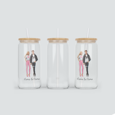 Personalisierter Glas Becher für Pärchen in Pink inkl. Bambus Deckel &amp; Strohhalm