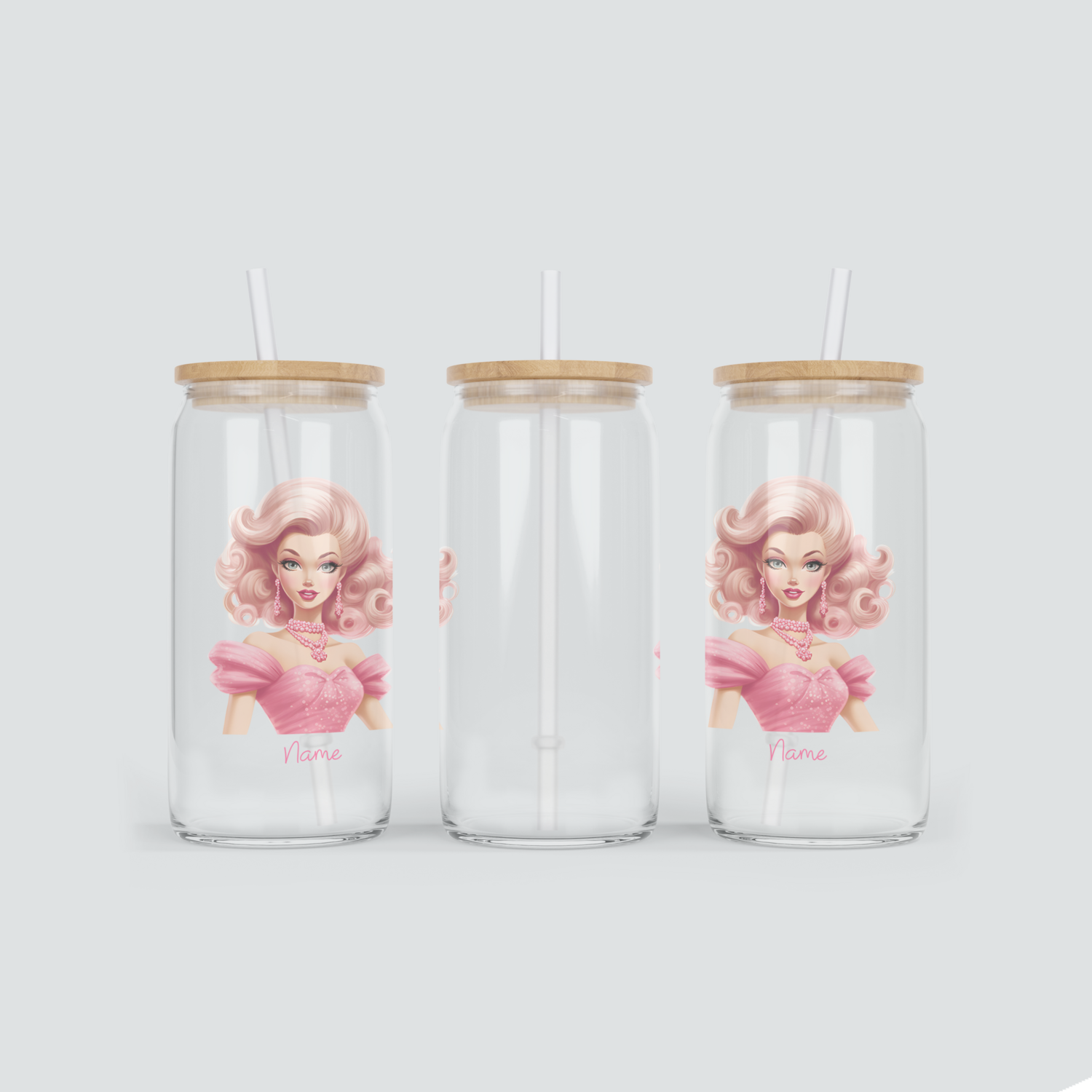 Personalisierter Glas Becher für Mädchen in Pink inkl. Bambus Deckel &amp; Strohhalm