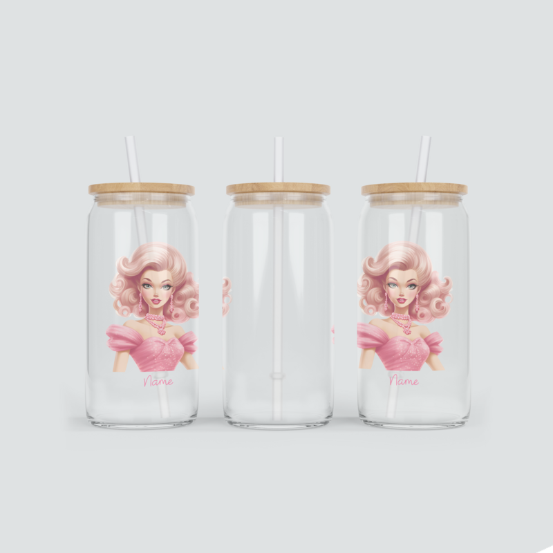 Personalisierter Glas Becher für Mädchen in Pink inkl. Bambus Deckel &amp; Strohhalm