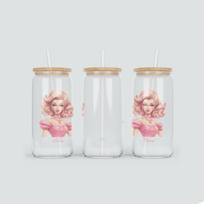 Personalisierter Glas Becher für Mädchen in Pink inkl. Bambus Deckel &amp; Strohhalm