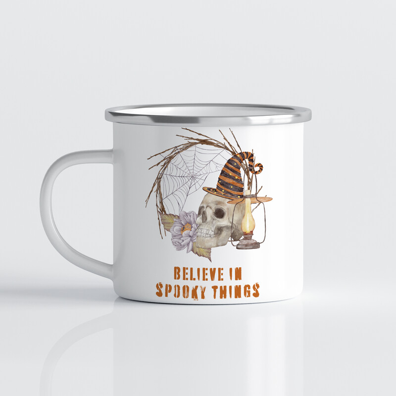 Emaille Tasse für Halloween Totenschädel - believe in spooky things