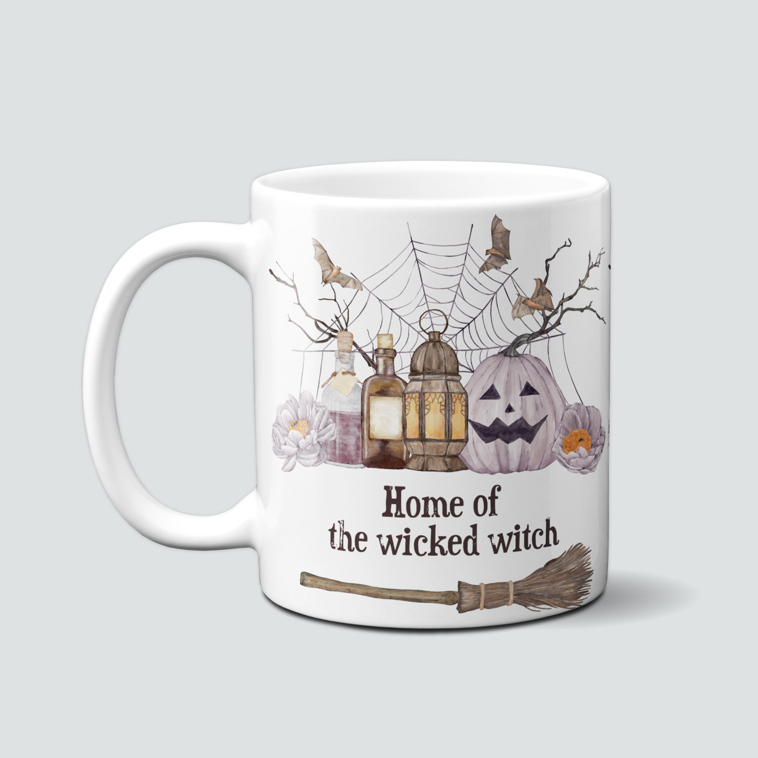Tasse für Halloween mit Hexenbesen und Kürbis im Boho Style