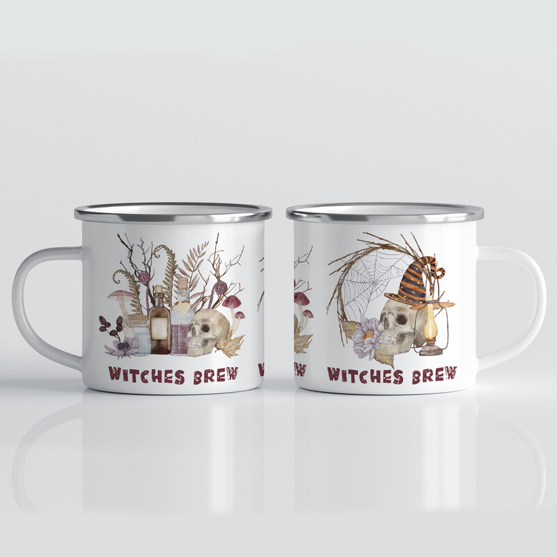 Emaille Tasse für Halloween mit Totenschädel und Zaubertränken