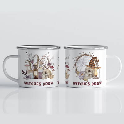 Emaille Tasse für Halloween mit Totenschädel und Zaubertränken