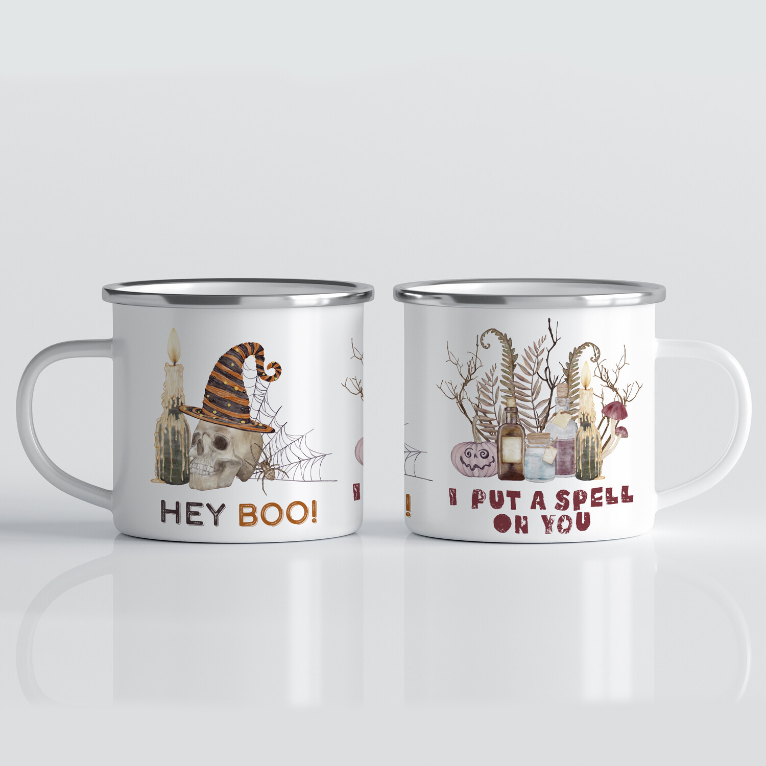 Emaille Tasse für Halloween mit Zaubertränken und Totenschädel - HEY BOO