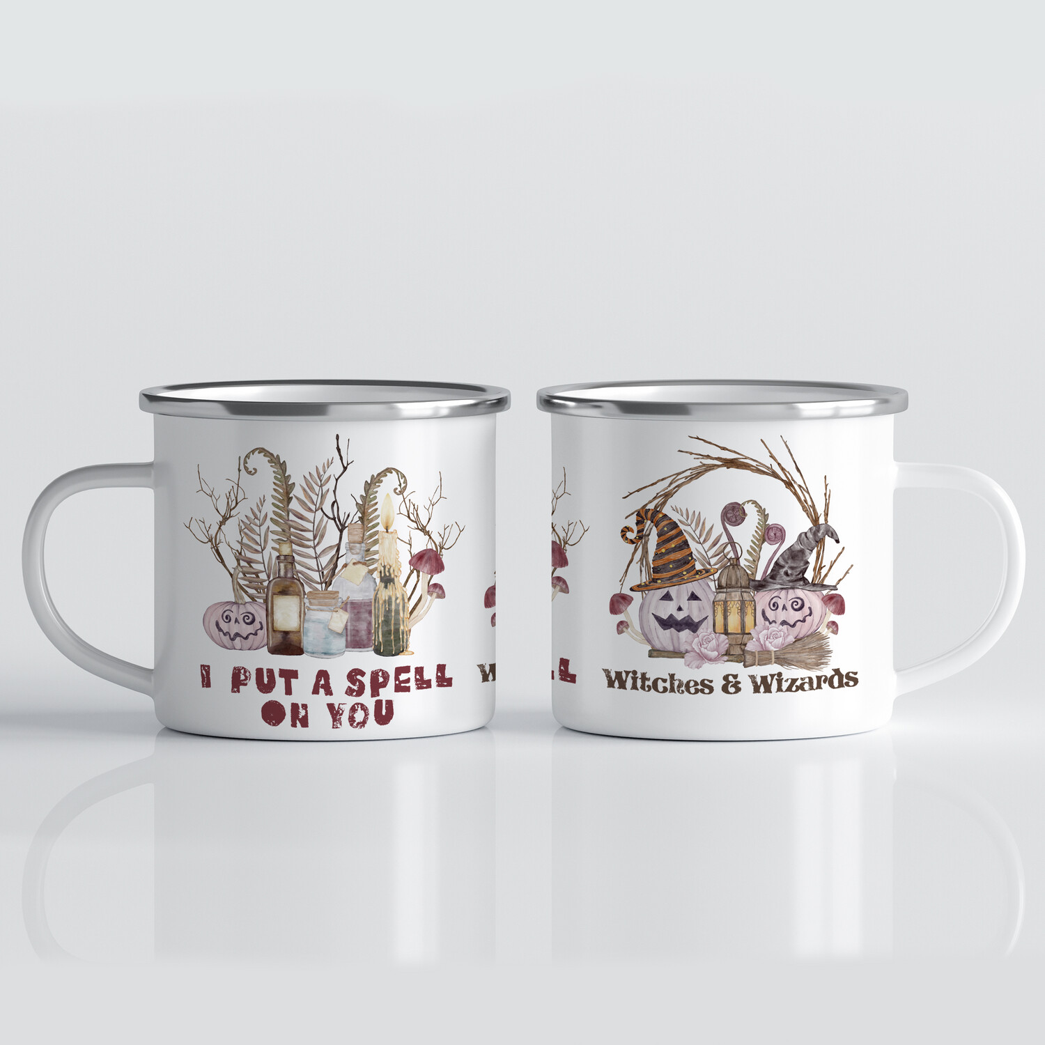 Emaille Tasse für Halloween mit Kürbissen und Zaubertränken