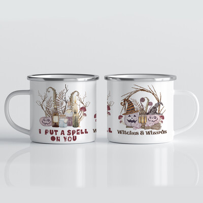 Emaille Tasse für Halloween mit Kürbissen und Zaubertränken