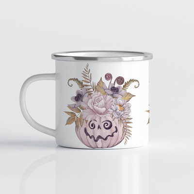 Emaille Tasse für Halloween mit rosa Kürbis und Trockenblumen