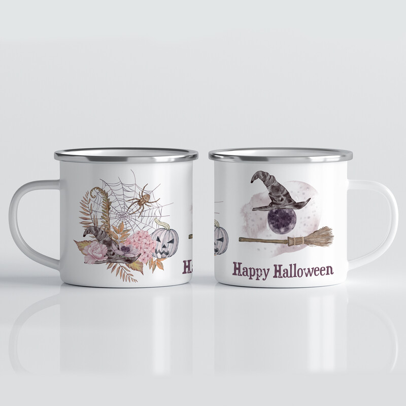 Emaille Tasse für Halloween mit Hexenbesen und Mond