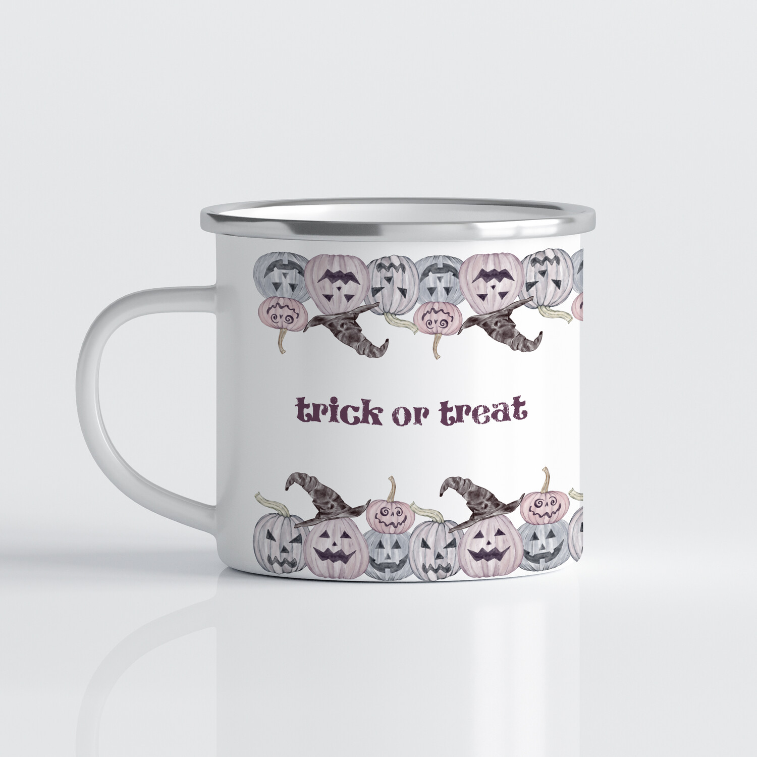 Emaille Tasse für Halloween - Trick or Treat - mit Kürbissen