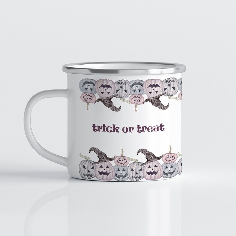 Emaille Tasse für Halloween - Trick or Treat - mit Kürbissen