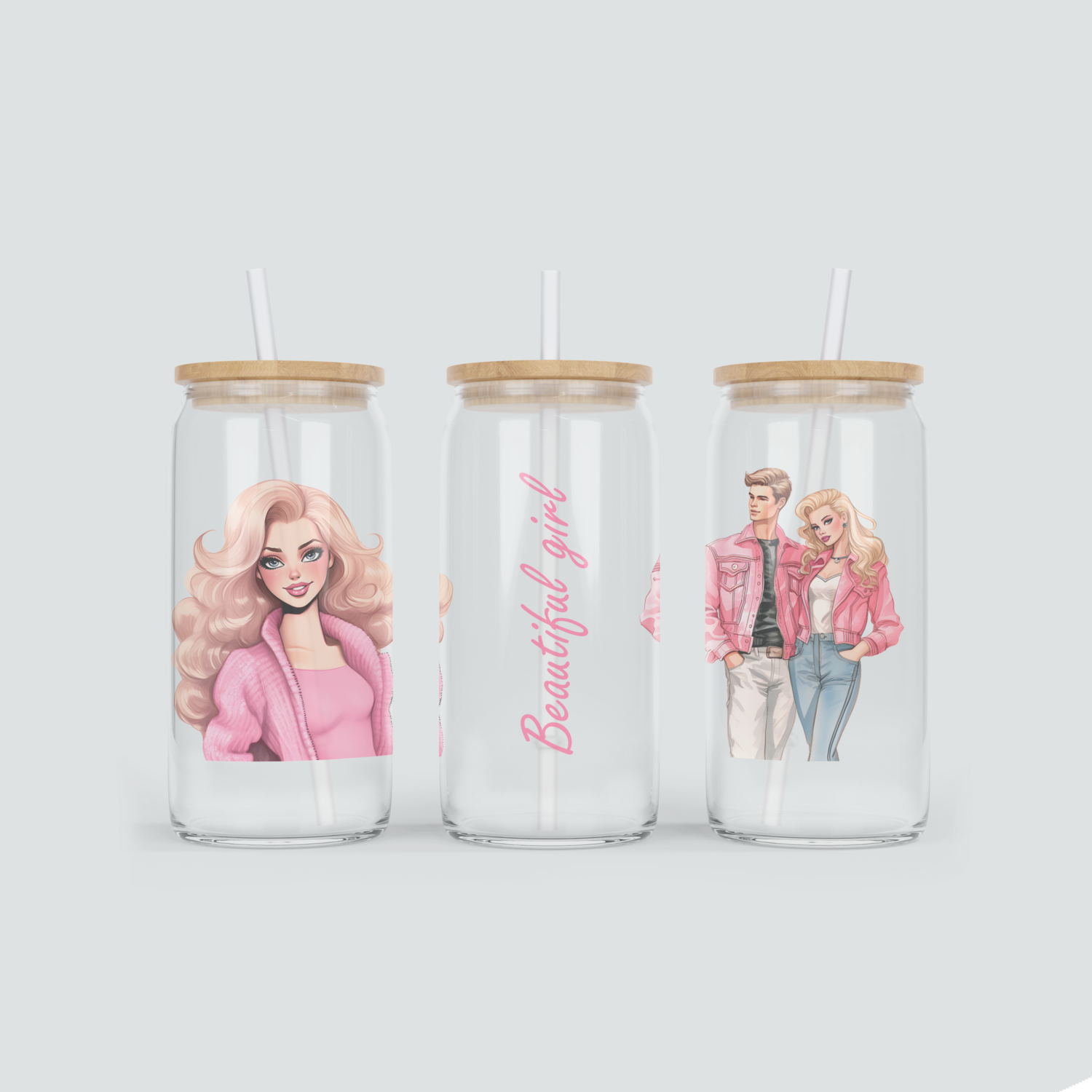 Glas Becher mit Beauty Girl &amp; Freund in Pink inkl. Bambus Deckel mit Strohhalm