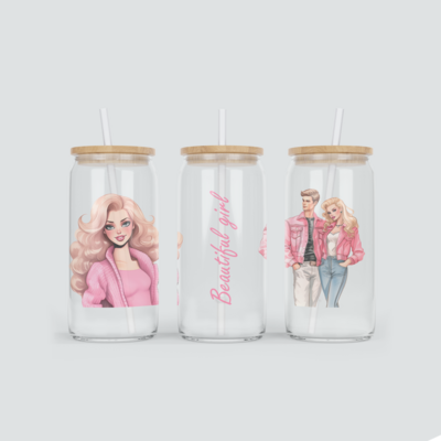 Glas Becher mit Beauty Girl &amp; Freund in Pink inkl. Bambus Deckel mit Strohhalm